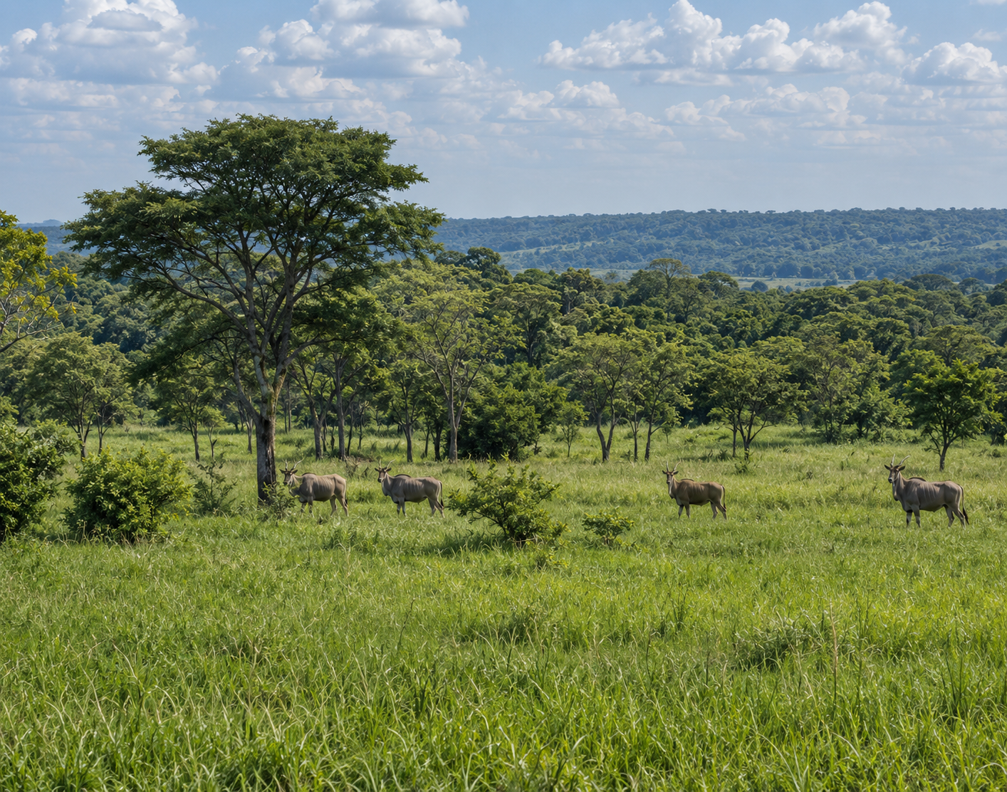 Eland herd in green miombo grassland