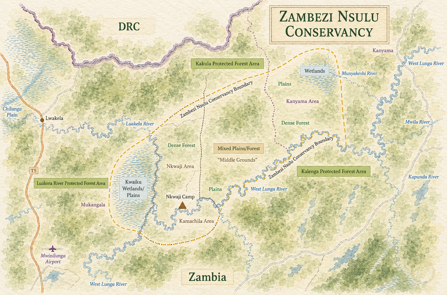 Illustrated map of Zambezi Nsulu Conservancy — Nkwaji Camp, the West Lunga and Luakela rivers, plains, dense forest, and the conservancy boundary