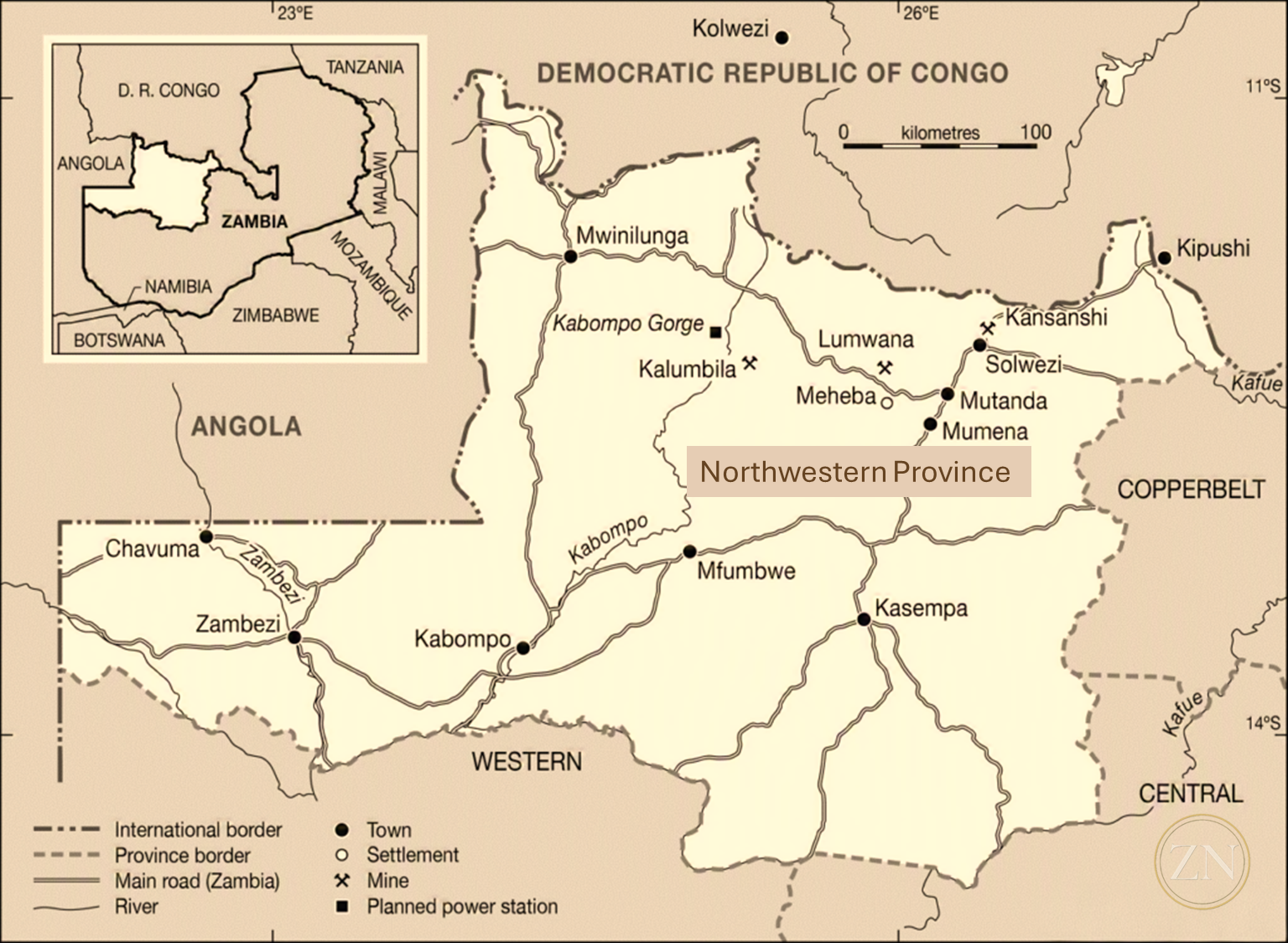 Detailed map of Zambia's Northwestern Province — showing Mwinilunga, the Kabompo and Zambezi river systems, and the borders with Angola and the Democratic Republic of Congo
