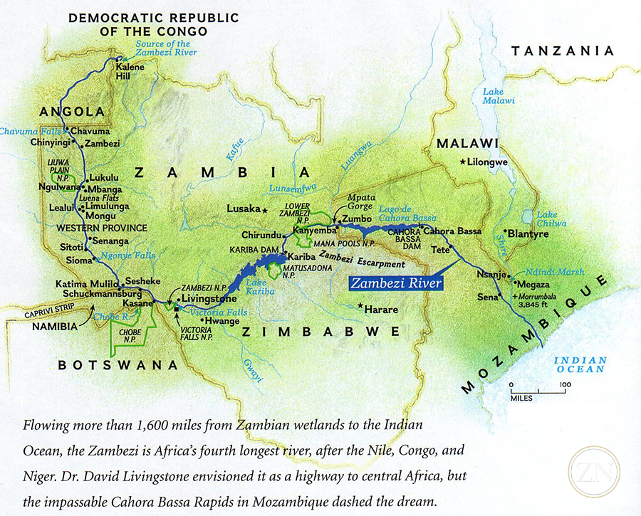 Map of the full course of the Zambezi River from its source near Kalene Hill in north-western Zambia, through Angola, Namibia, Botswana, Zimbabwe and Mozambique to the Indian Ocean